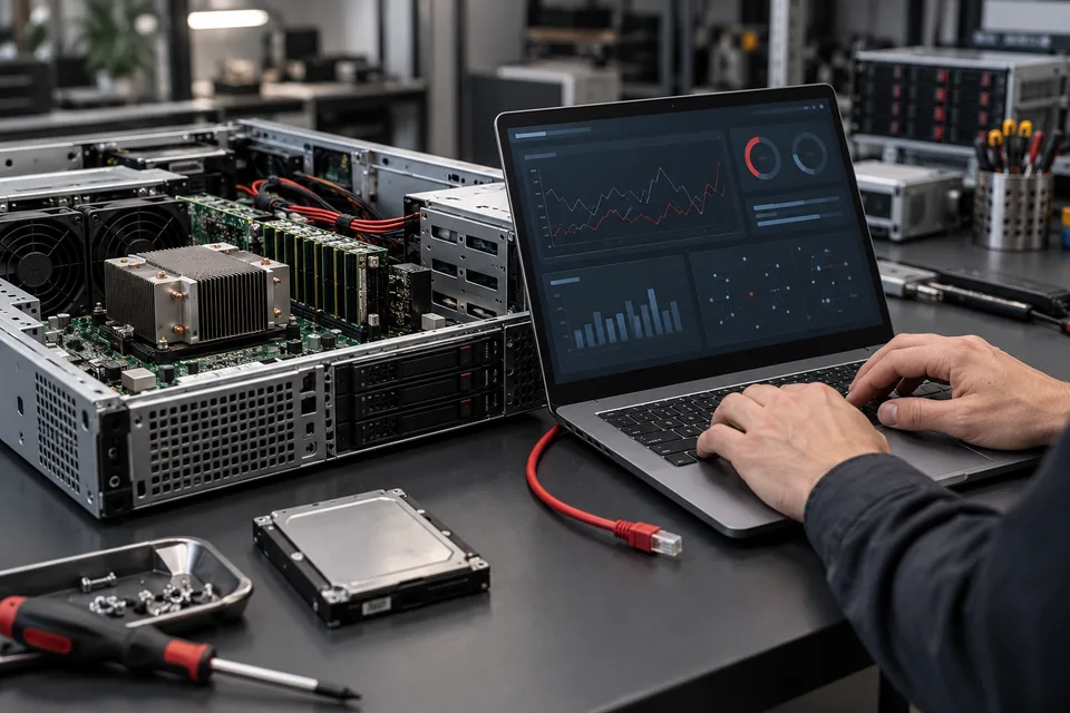 Illustration of an IT technician diagnosing business equipment
